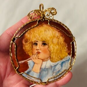 Vintage Inspired Hand Painted Gold Wire Portrait Pendant